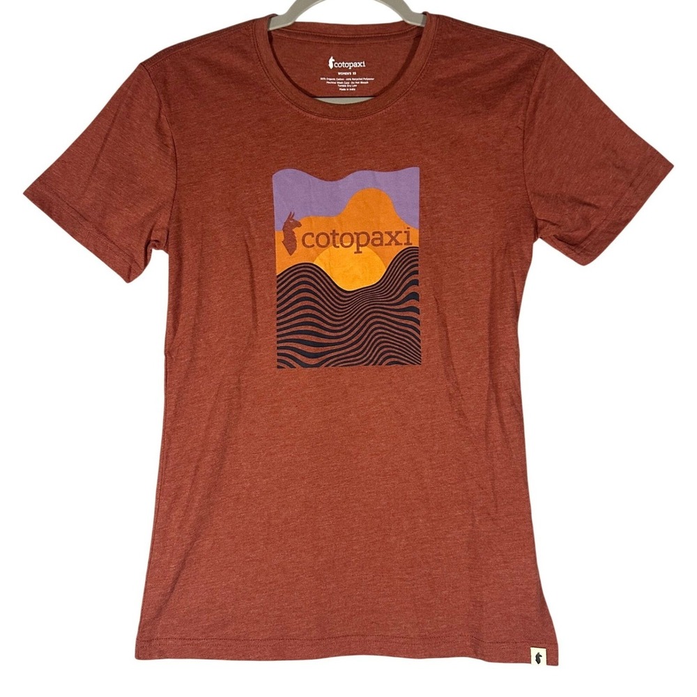 Cotopaxi‎ Vibe Graphic Organic Cotton T-Shirt Sz XS Rust Brown Llama Logo Sunset